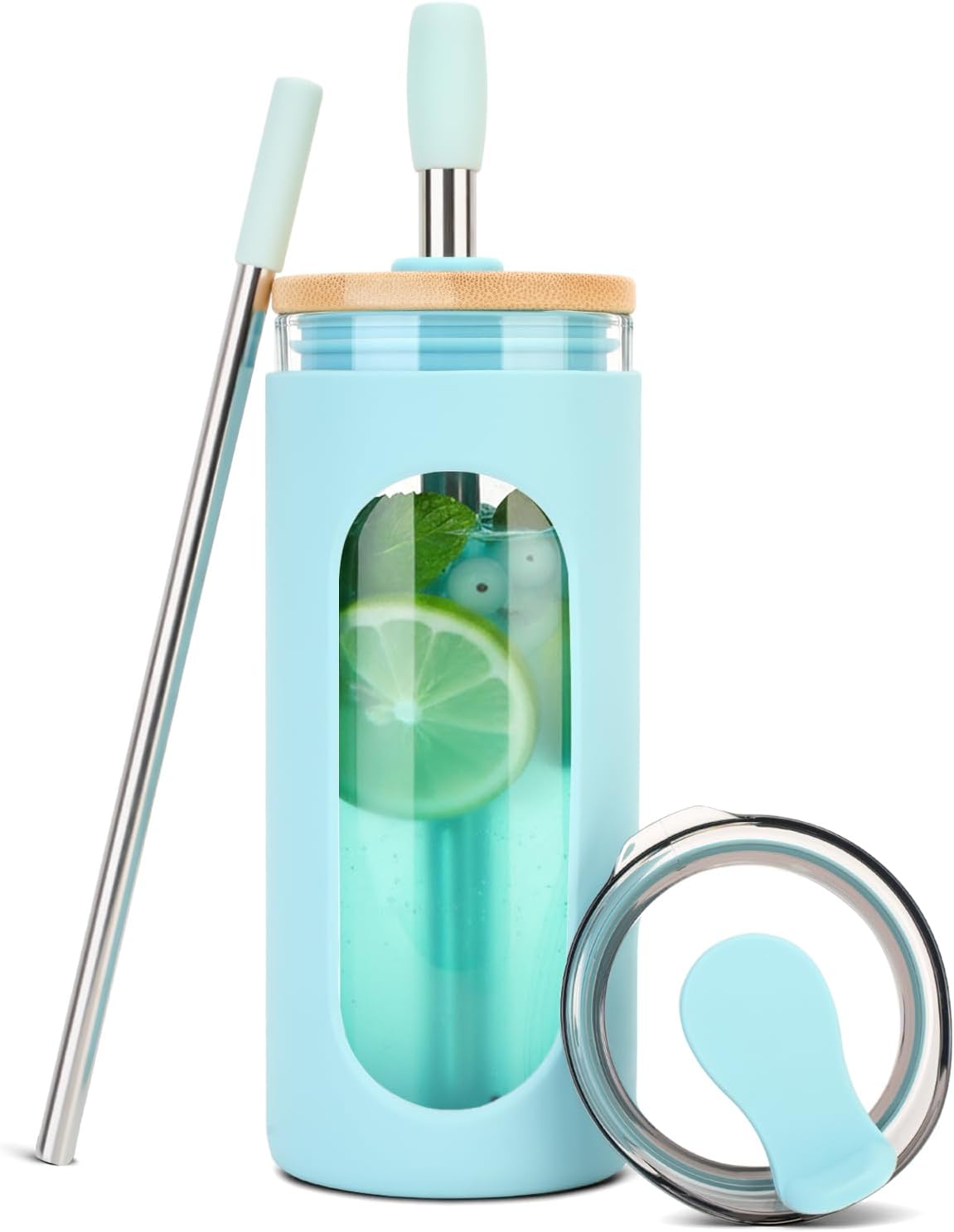 20 oz Glass Tumbler with Lids and Straws, Iced Coffee Cups | Reusable Borosilicate Glass Water Bottle with Silicone Sleeve and Bamboo Lid for Smoothie, Boba, Juice, BPA-Free