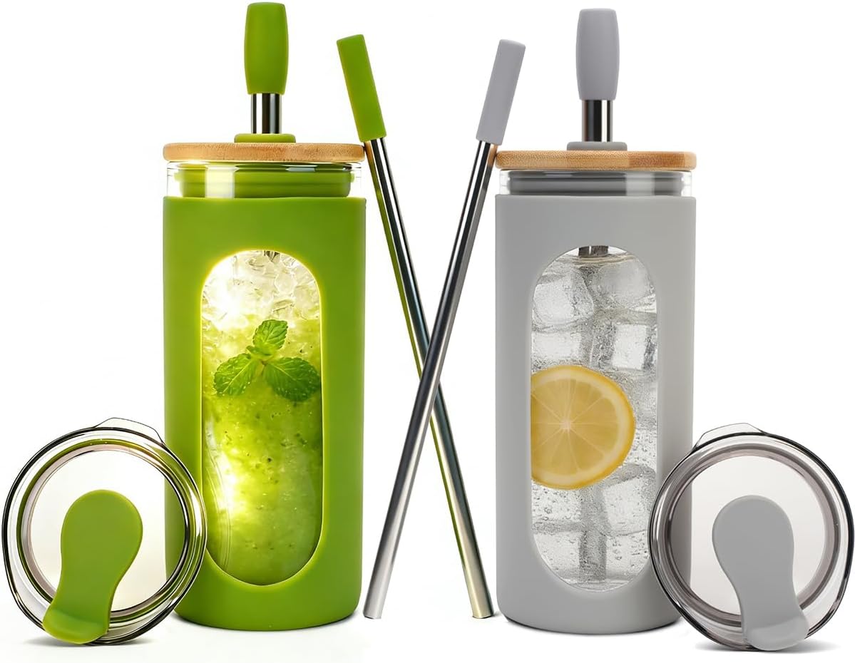 20 oz Glass Tumbler with Lids and Straws, Iced Coffee Cups | Reusable Borosilicate Glass Water Bottle with Silicone Sleeve and Bamboo Lid for Smoothie, Boba, Juice, BPA-Free