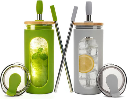20 oz Glass Tumbler with Lids and Straws, Iced Coffee Cups | Reusable Borosilicate Glass Water Bottle with Silicone Sleeve and Bamboo Lid for Smoothie, Boba, Juice, BPA-Free