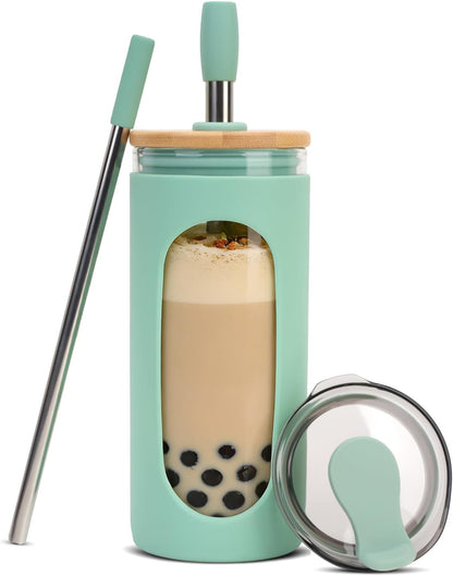 20 oz Glass Tumbler with Lids and Straws, Iced Coffee Cups | Reusable Borosilicate Glass Water Bottle with Silicone Sleeve and Bamboo Lid for Smoothie, Boba, Juice, BPA-Free
