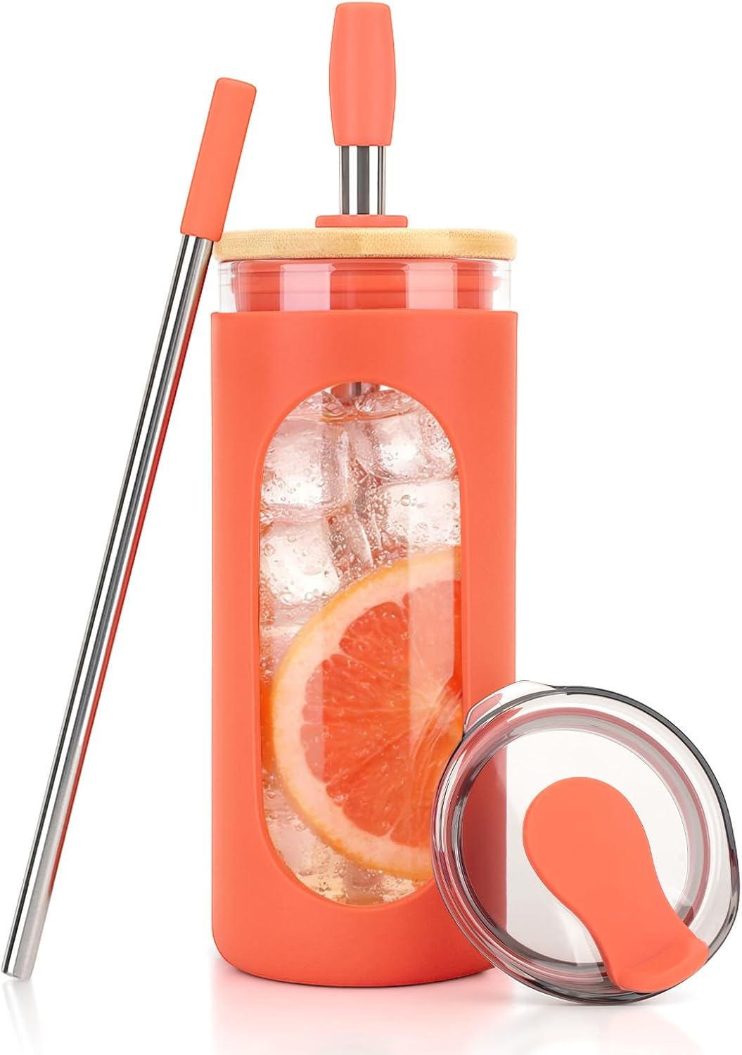20 oz Glass Tumbler with Lids and Straws, Iced Coffee Cups | Reusable Borosilicate Glass Water Bottle with Silicone Sleeve and Bamboo Lid for Smoothie, Boba, Juice, BPA-Free