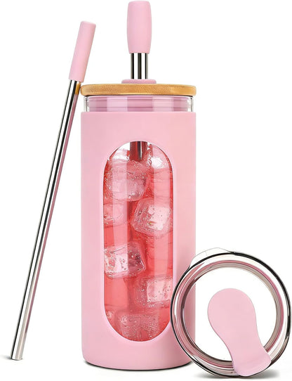 20 oz Glass Tumbler with Lids and Straws, Iced Coffee Cups | Reusable Borosilicate Glass Water Bottle with Silicone Sleeve and Bamboo Lid for Smoothie, Boba, Juice, BPA-Free