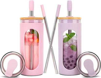 20 oz Glass Tumbler with Lids and Straws, Iced Coffee Cups | Reusable Borosilicate Glass Water Bottle with Silicone Sleeve and Bamboo Lid for Smoothie, Boba, Juice, BPA-Free