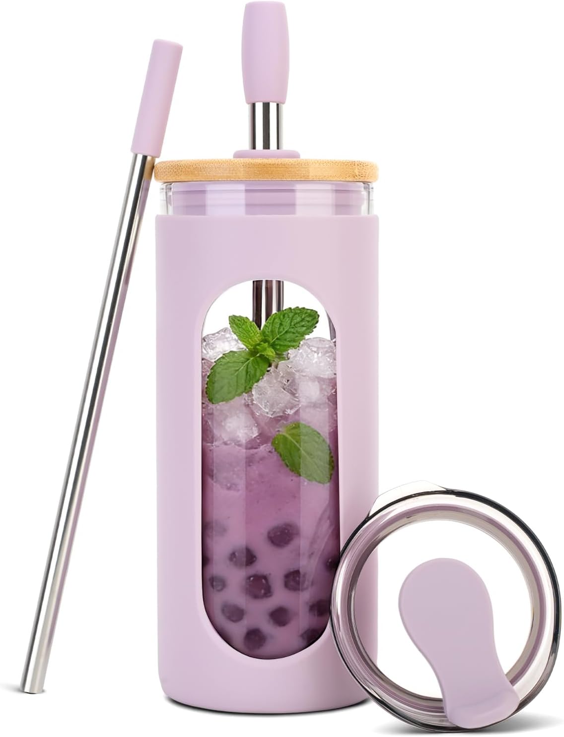 20 oz Glass Tumbler with Lids and Straws, Iced Coffee Cups | Reusable Borosilicate Glass Water Bottle with Silicone Sleeve and Bamboo Lid for Smoothie, Boba, Juice, BPA-Free