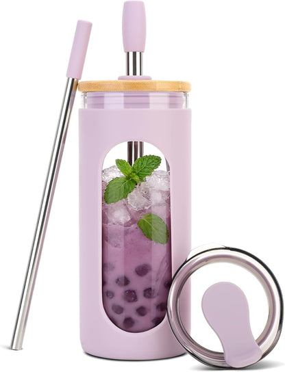 20 oz Glass Tumbler with Lids and Straws, Iced Coffee Cups | Reusable Borosilicate Glass Water Bottle with Silicone Sleeve and Bamboo Lid for Smoothie, Boba, Juice, BPA-Free