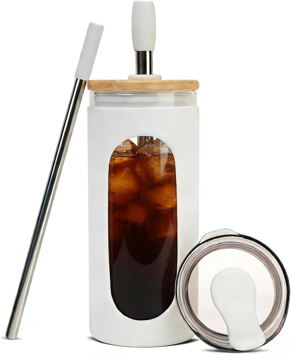20 oz Glass Tumbler with Lids and Straws, Iced Coffee Cups | Reusable Borosilicate Glass Water Bottle with Silicone Sleeve and Bamboo Lid for Smoothie, Boba, Juice, BPA-Free