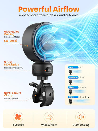 Warmco Portable Stroller Fan, 4000mAh Rechargeable Clip On Fan for Baby