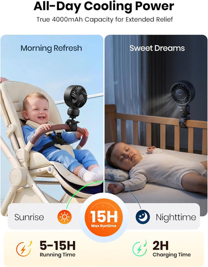 Warmco Portable Stroller Fan, 4000mAh Rechargeable Clip On Fan for Baby