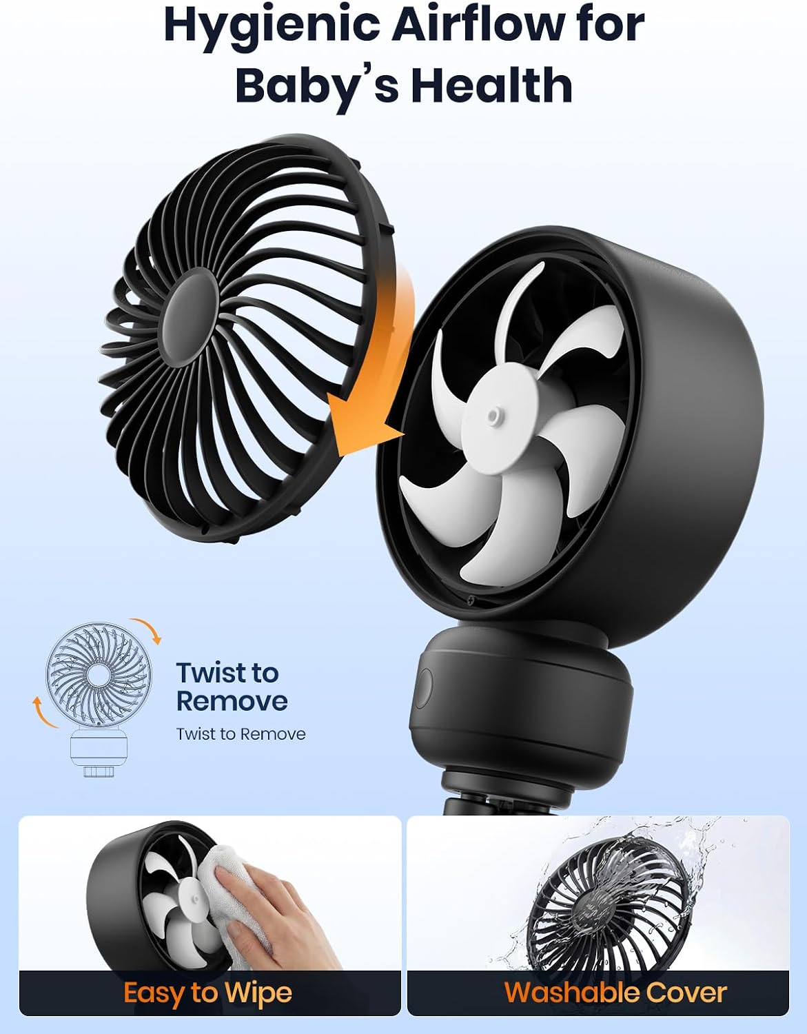 Warmco Portable Stroller Fan, 4000mAh Rechargeable Clip On Fan for Baby