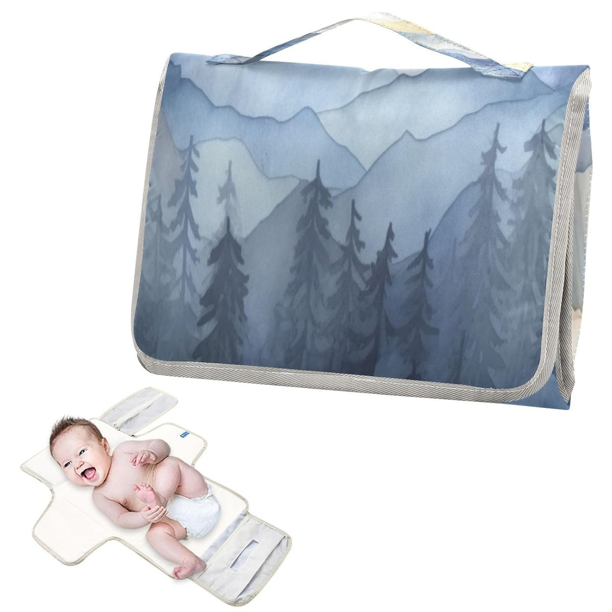 Blue Mountain Portable Diaper Changing Pad, Waterproof Baby Changing Mat with Storage Pocket & Built-in Pillow, Foldable Travel Pad, Newborn Gift Set for Boy Girl