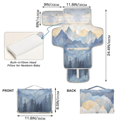 Blue Mountain Portable Diaper Changing Pad, Waterproof Baby Changing Mat with Storage Pocket & Built-in Pillow, Foldable Travel Pad, Newborn Gift Set for Boy Girl