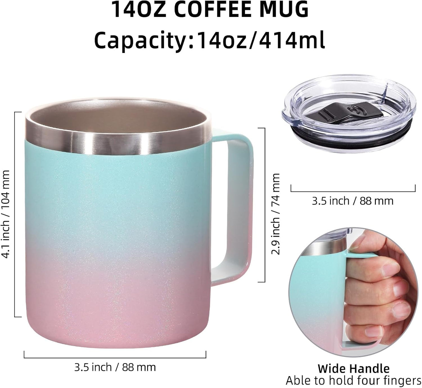 Volhoply 14oz Insulated Stainless Steel Coffee Mug with Leakproof Lid,Double Wall Vacuum Travel Coffee Cup with Handle,Reusable Cups Tumbler,Camping Mugs Keep Hot,Ideal Gifts(Purple Green,1)