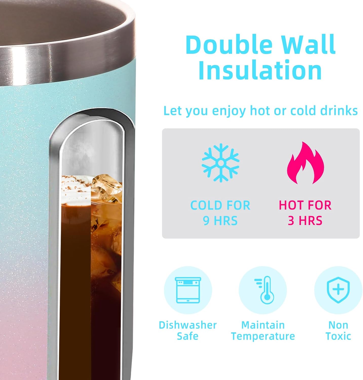 Volhoply 14oz Insulated Stainless Steel Coffee Mug with Leakproof Lid,Double Wall Vacuum Travel Coffee Cup with Handle,Reusable Cups Tumbler,Camping Mugs Keep Hot,Ideal Gifts(Purple Green,1)