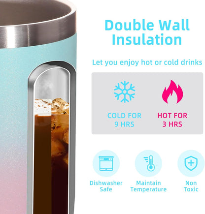 Volhoply 14oz Insulated Stainless Steel Coffee Mug with Leakproof Lid,Double Wall Vacuum Travel Coffee Cup with Handle,Reusable Cups Tumbler,Camping Mugs Keep Hot,Ideal Gifts(Purple Green,1)