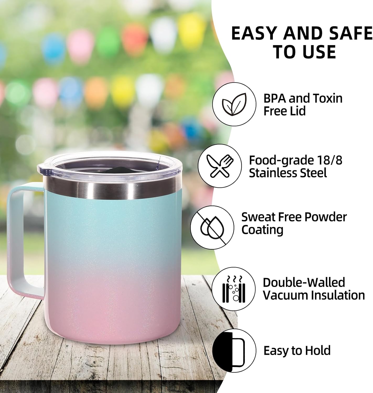 Volhoply 14oz Insulated Stainless Steel Coffee Mug with Leakproof Lid,Double Wall Vacuum Travel Coffee Cup with Handle,Reusable Cups Tumbler,Camping Mugs Keep Hot,Ideal Gifts(Purple Green,1)