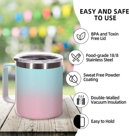 Volhoply 14oz Insulated Stainless Steel Coffee Mug with Leakproof Lid,Double Wall Vacuum Travel Coffee Cup with Handle,Reusable Cups Tumbler,Camping Mugs Keep Hot,Ideal Gifts(Purple Green,1)