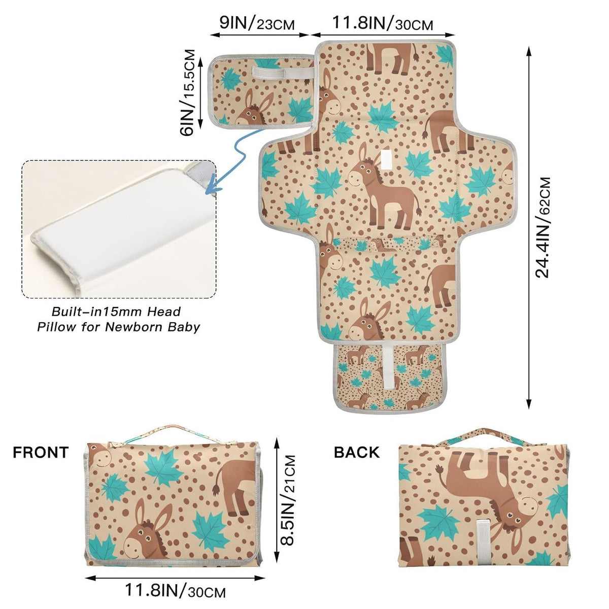 Donkeys Leaves Design Portable Diaper Changing Pad for Walks