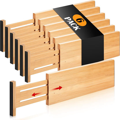 Dresser Drawer Organizers 6 Pack, 4.65'' High Adjustable from 12.5-17‘’ Bamboo Drawer Dividers for Clothing Baby Clothes, Wooden Separators for Dresser Nursery Organization with Soft Foam Ends