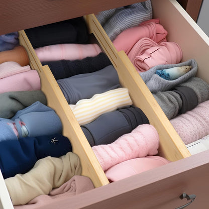 Dresser Drawer Organizers 6 Pack, 4.65'' High Adjustable from 12.5-17‘’ Bamboo Drawer Dividers for Clothing Baby Clothes, Wooden Separators for Dresser Nursery Organization with Soft Foam Ends