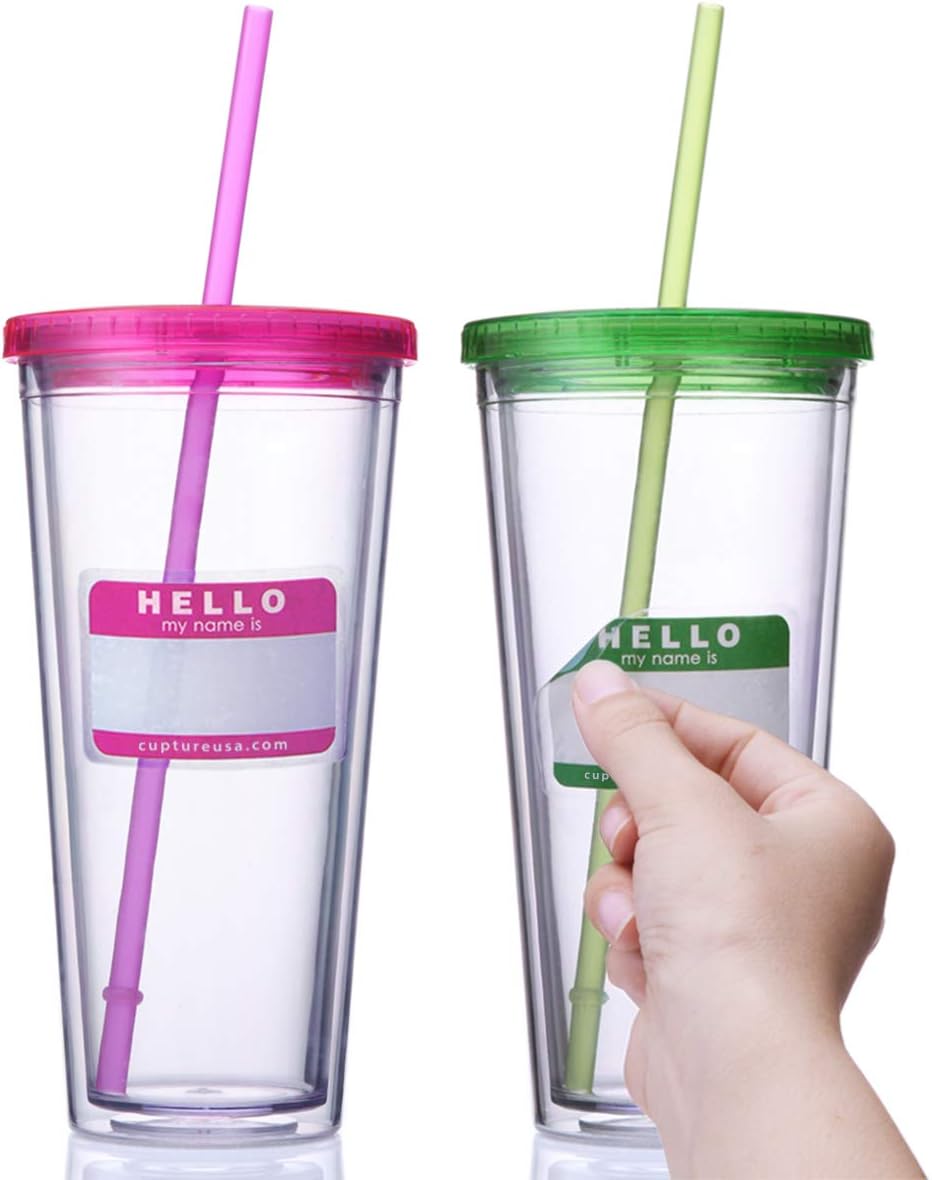 Classic Insulated Double Wall Tumbler Cup with Lid, Reusable Straw & Hello Name Tags - 24 oz, 2 Pack (green/pink)