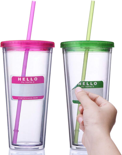 Classic Insulated Double Wall Tumbler Cup with Lid, Reusable Straw & Hello Name Tags - 24 oz, 2 Pack (green/pink)