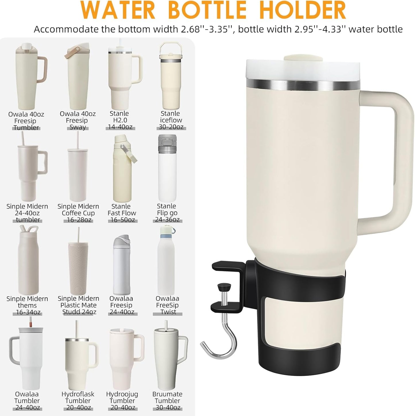 Desk Cup Holder Compatible with Stanley, Owala,Sinple Midern & Hydroflask | 2-in-1, Sturdy & Durable, Adjustable, Anti-Spill Tumbler Organizer with Hook, Cup Holder for Desk for Home Office and School