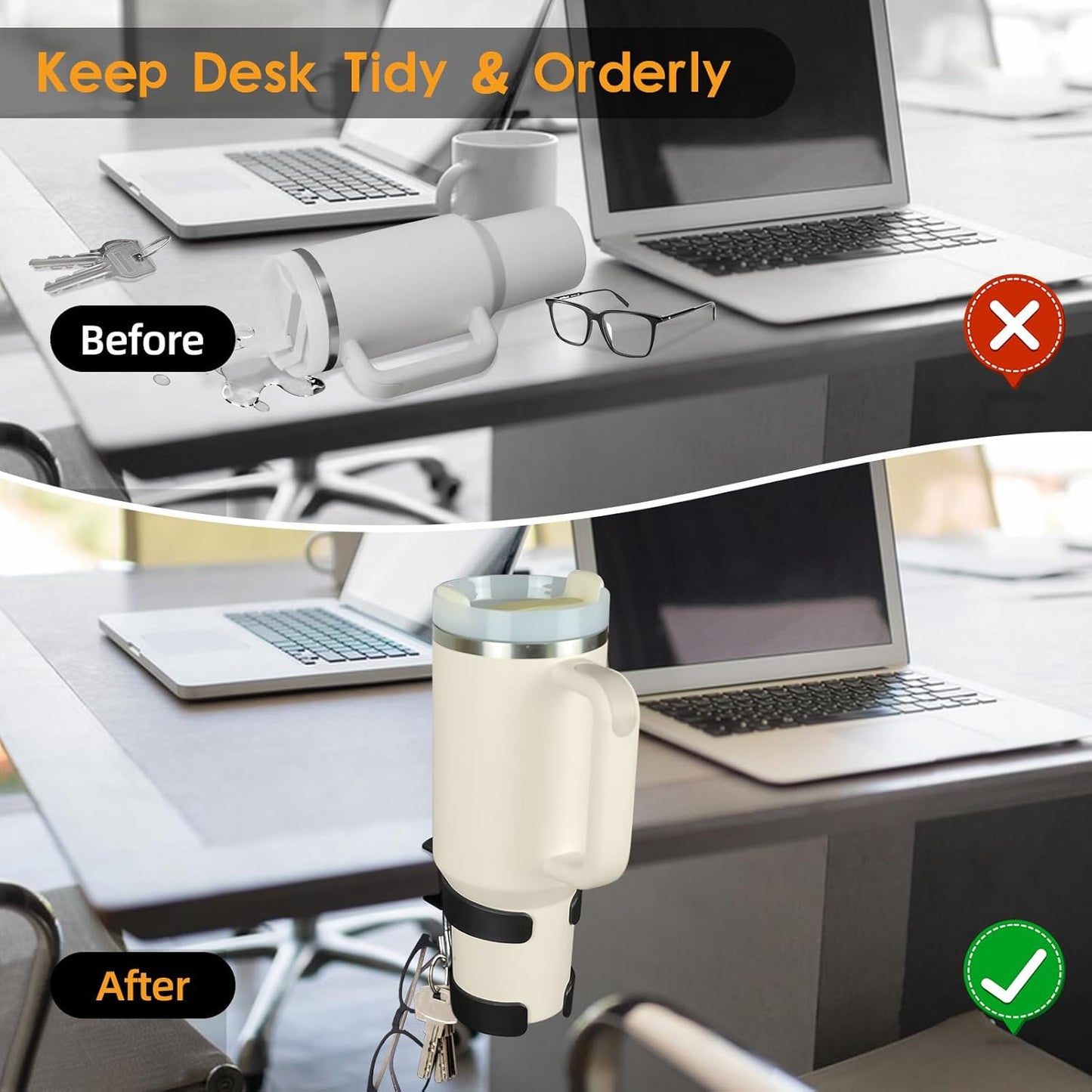 Desk Cup Holder Compatible with Stanley, Owala,Sinple Midern & Hydroflask | 2-in-1, Sturdy & Durable, Adjustable, Anti-Spill Tumbler Organizer with Hook, Cup Holder for Desk for Home Office and School