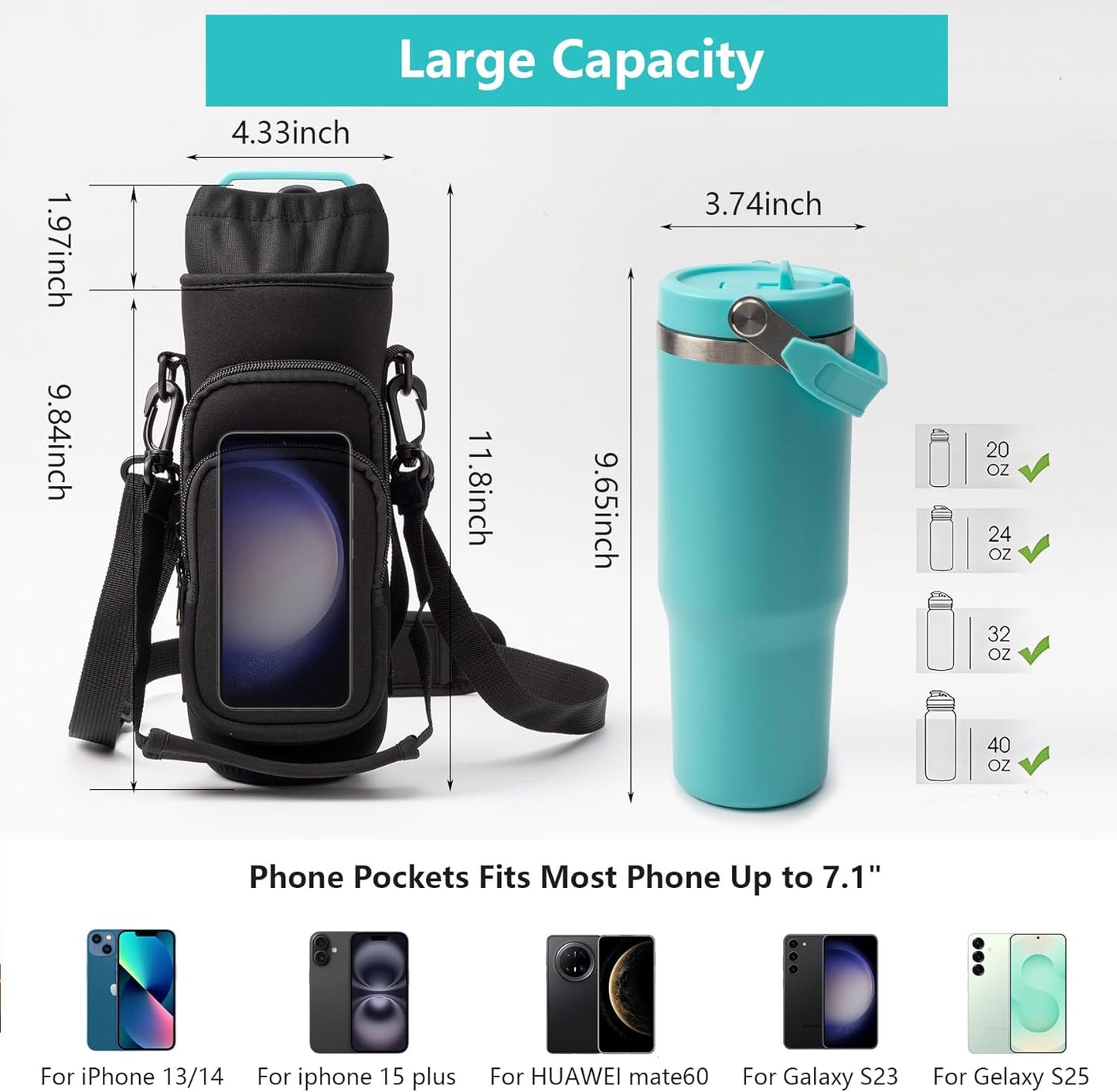 Water Bottle Carrier Bag,Water Bottle Holder with Straps Phone Pockets Fits Stanley Owala 16/24/32/40oz