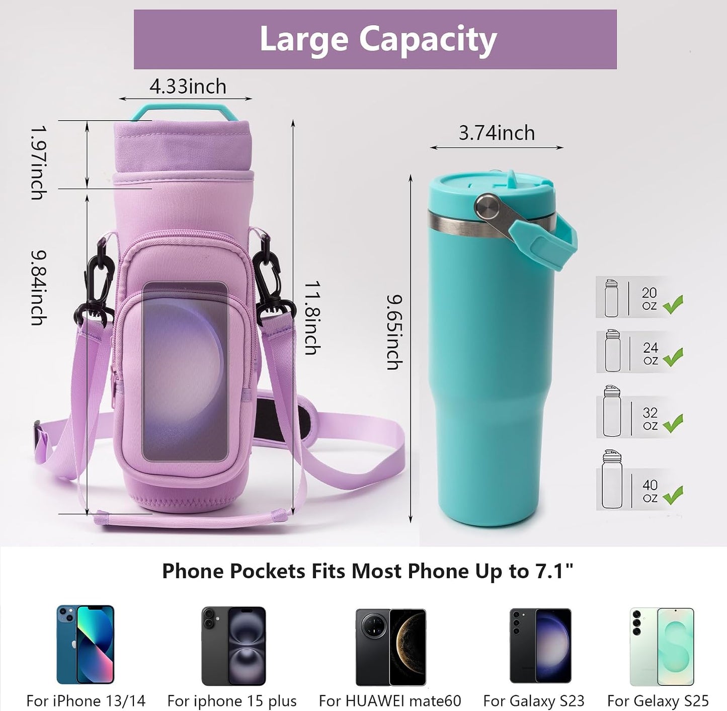 Water Bottle Carrier Bag,Water Bottle Holder with Straps Phone Pockets Fits Stanley Owala 16/24/32/40oz