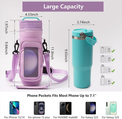 Water Bottle Carrier Bag,Water Bottle Holder with Straps Phone Pockets Fits Stanley Owala 16/24/32/40oz