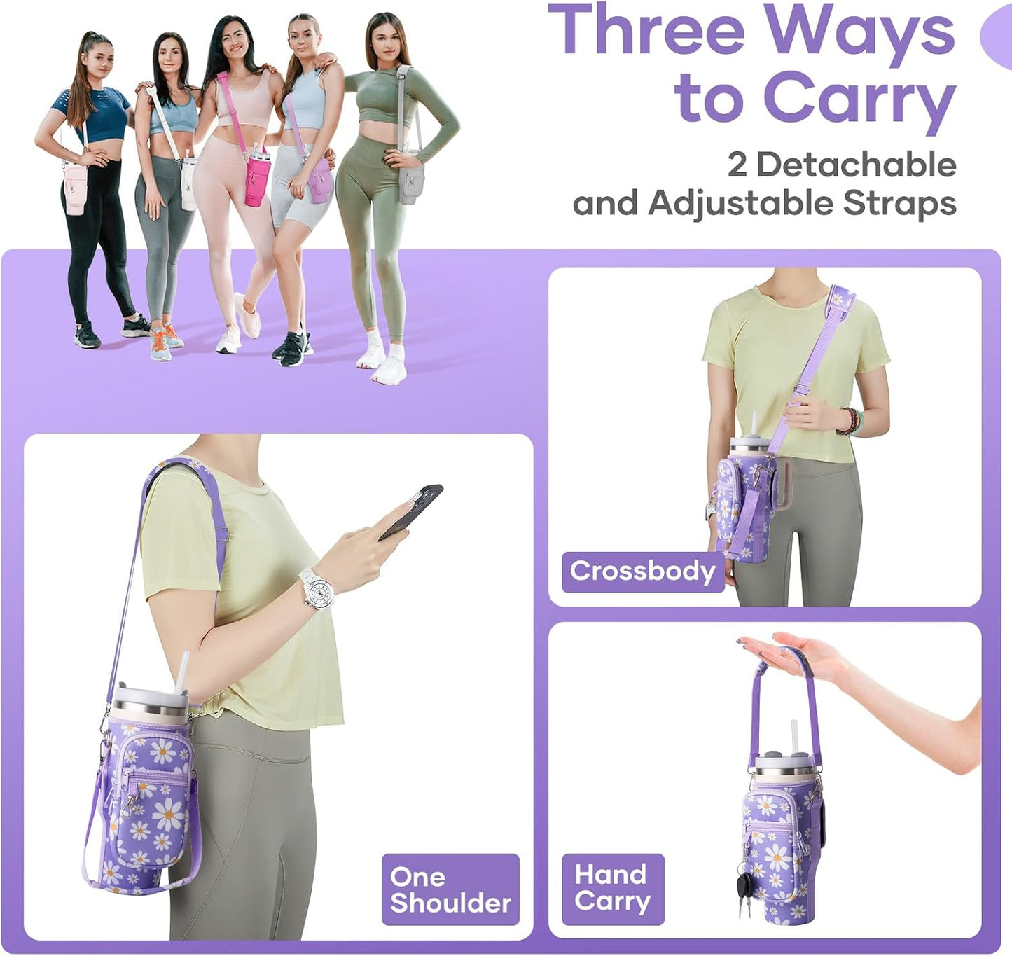 Water Bottle Carrier Bag,Water Bottle Holder with Straps Phone Pockets Fits Stanley Owala 16/24/32/40oz