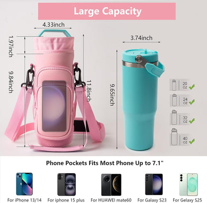 Water Bottle Carrier Bag,Water Bottle Holder with Straps Phone Pockets Fits Stanley Owala 16/24/32/40oz