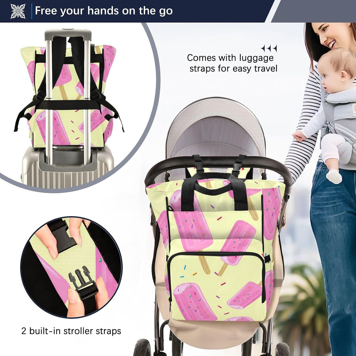 Diaper Bag Backpack, Multifunction Travel Bag for Moms Dads, Baby Changing Bag with Insulted Pockets, Stroller Straps and Side Bottle Pockets Ice cream Sprinkle Pattern