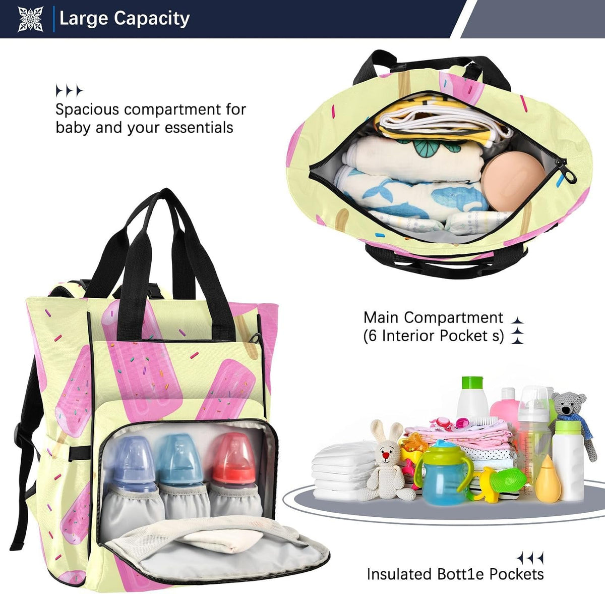 Diaper Bag Backpack, Multifunction Travel Bag for Moms Dads, Baby Changing Bag with Insulted Pockets, Stroller Straps and Side Bottle Pockets Ice cream Sprinkle Pattern