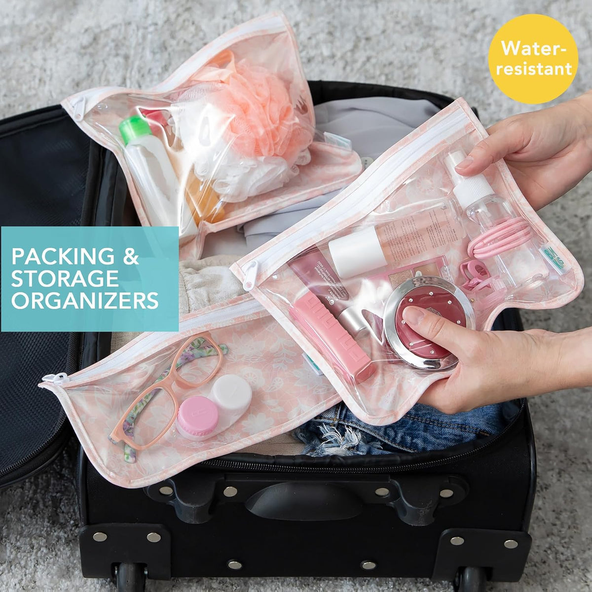Roamio Travel Bag, Toiletry, TSA Approved Pouch, Zip Quart Size Airline Compliant, Clear-Sided, Baby, Diaper Organization, Makeup, Accessories, Packing, Set of 3 Sizes, Beige Check