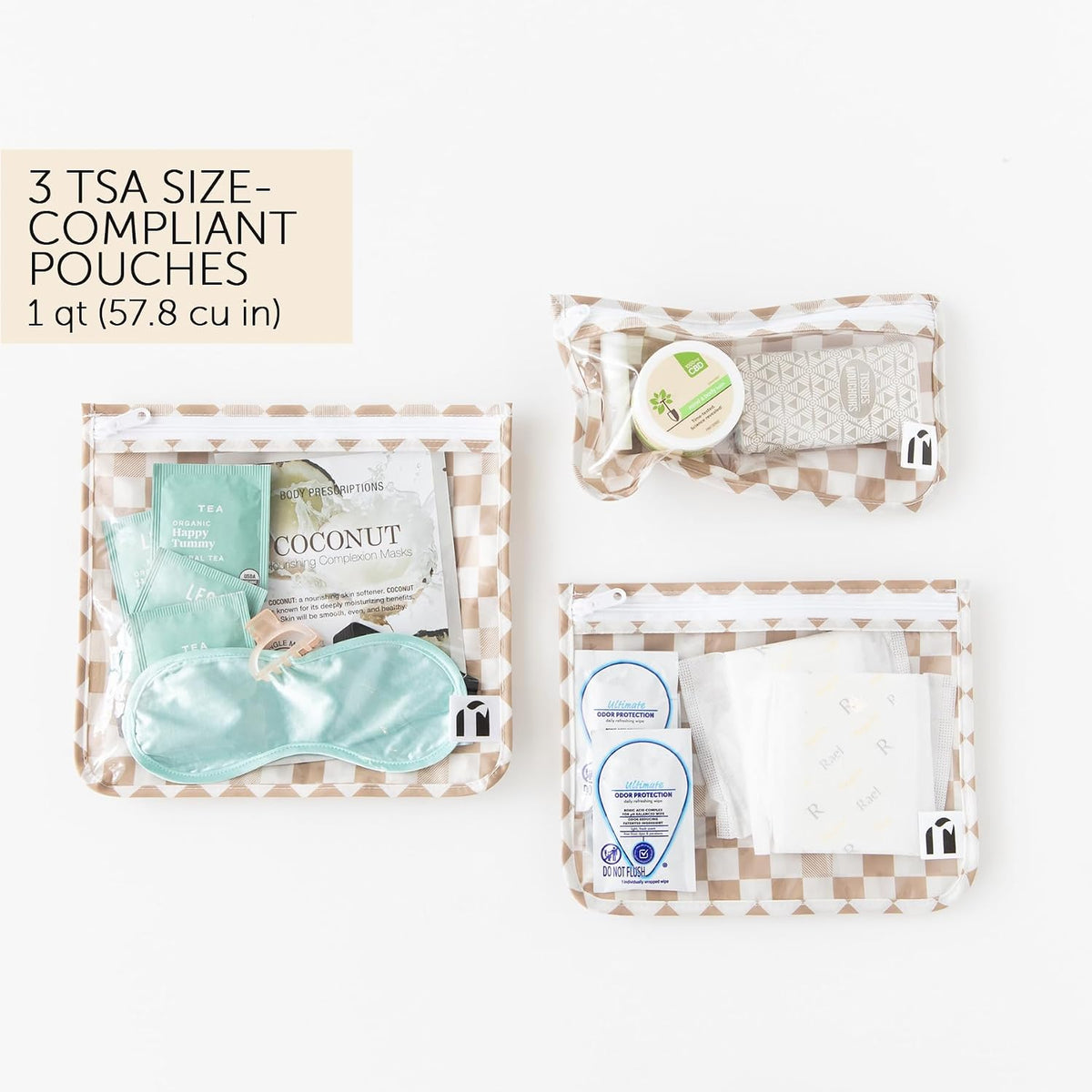 Roamio Travel Bag, Toiletry, TSA Approved Pouch, Zip Quart Size Airline Compliant, Clear-Sided, Baby, Diaper Organization, Makeup, Accessories, Packing, Set of 3 Sizes, Beige Check