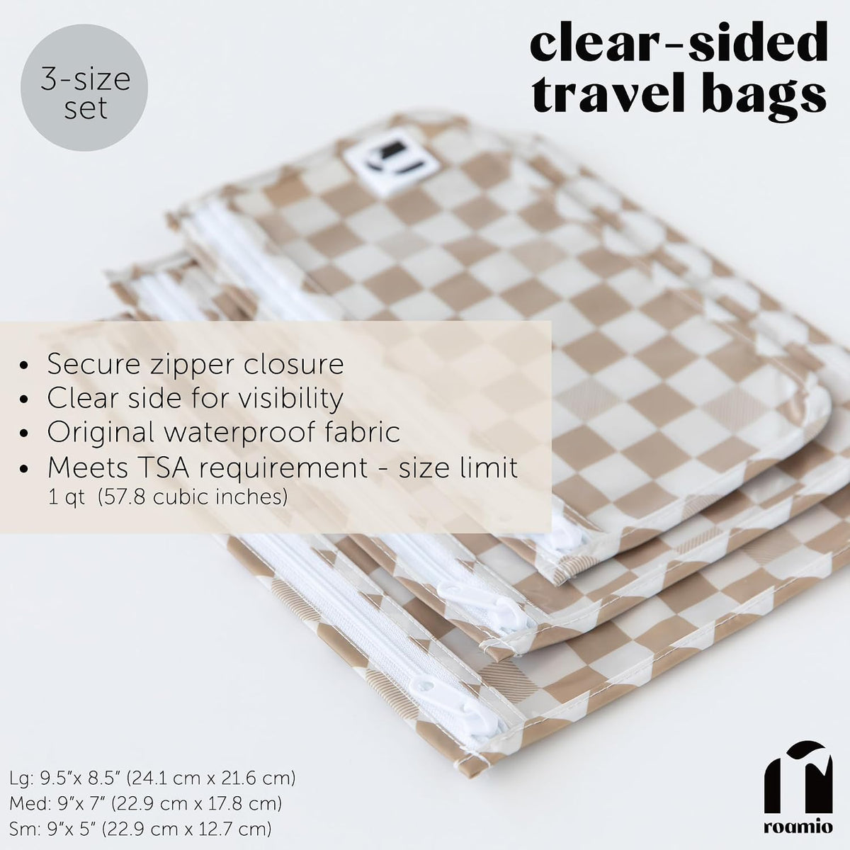 Roamio Travel Bag, Toiletry, TSA Approved Pouch, Zip Quart Size Airline Compliant, Clear-Sided, Baby, Diaper Organization, Makeup, Accessories, Packing, Set of 3 Sizes, Beige Check