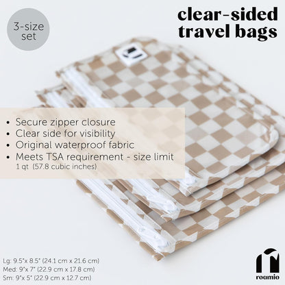 Roamio Travel Bag, Toiletry, TSA Approved Pouch, Zip Quart Size Airline Compliant, Clear-Sided, Baby, Diaper Organization, Makeup, Accessories, Packing, Set of 3 Sizes, Beige Check