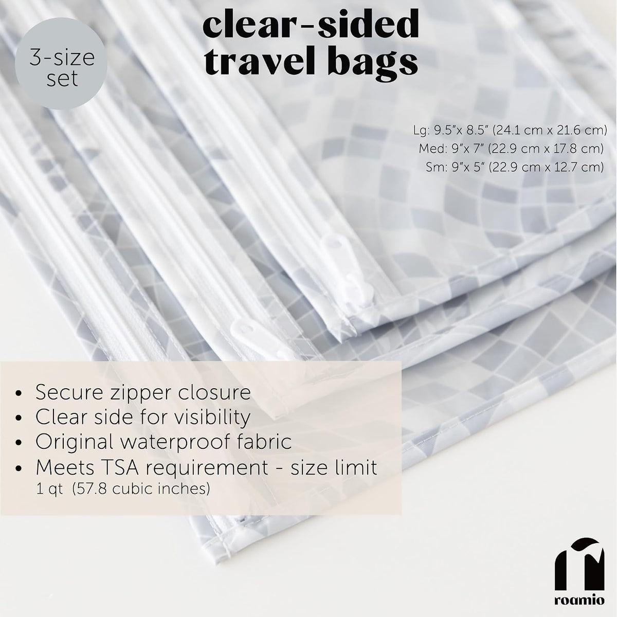 Roamio Travel Bag, Toiletry, TSA Approved Pouch, Zip Quart Size Airline Compliant, Clear-Sided, Baby, Diaper Organization, Makeup, Accessories, Packing, Set of 3 Sizes, Beige Check