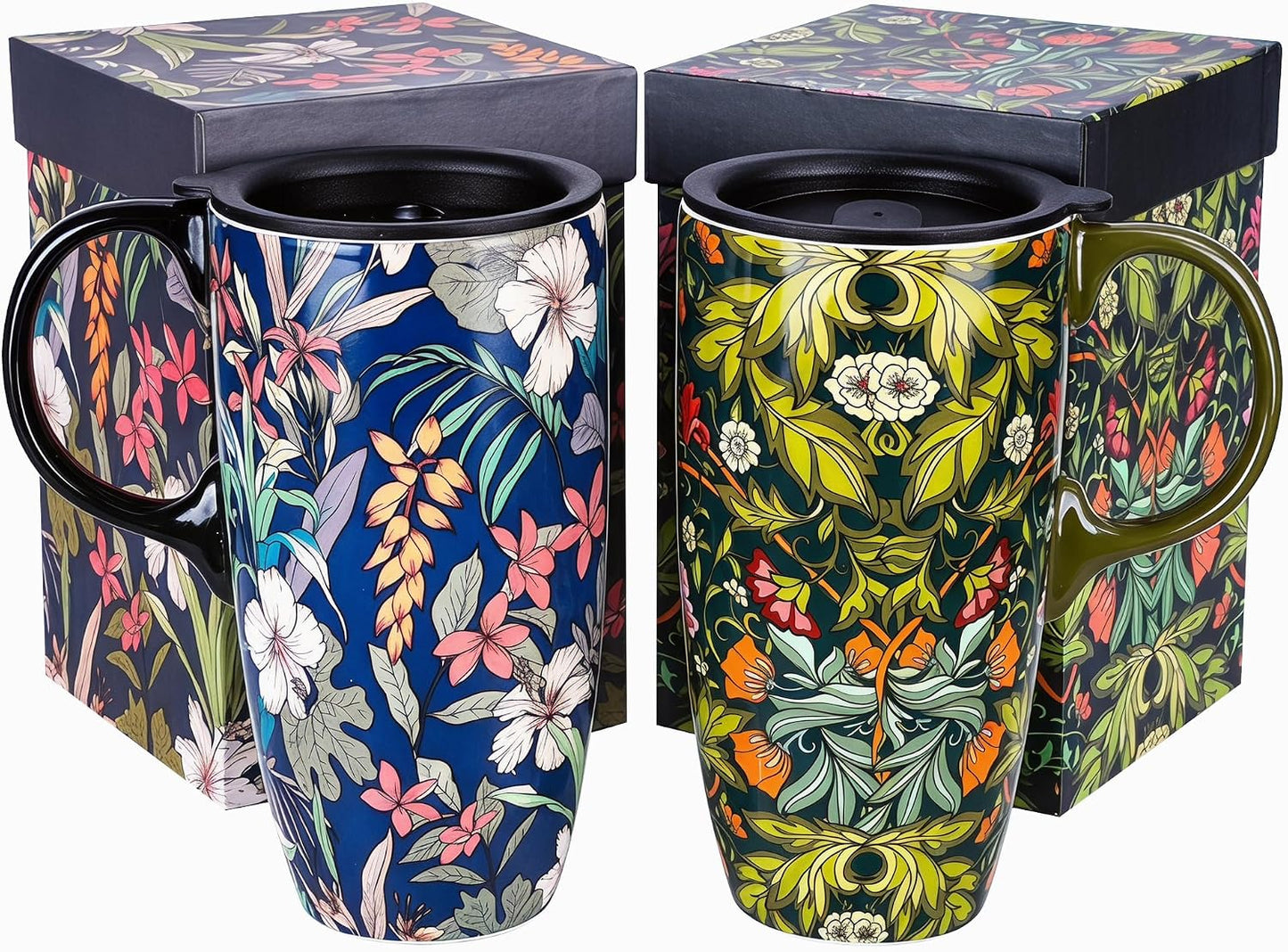 17 oz Ceramic Travel Mug with Lid and Handle, Floral | Tall Tea Cup, Microwave & Dishwasher Safe Coffee Cup, Gift Box Included