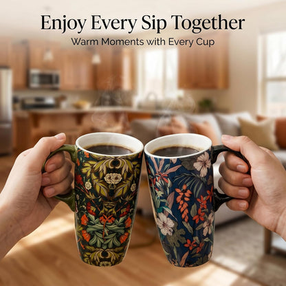 17 oz Ceramic Travel Mug with Lid and Handle, Floral | Tall Tea Cup, Microwave & Dishwasher Safe Coffee Cup, Gift Box Included