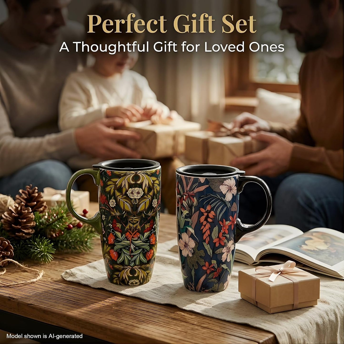 17 oz Ceramic Travel Mug with Lid and Handle, Floral | Tall Tea Cup, Microwave & Dishwasher Safe Coffee Cup, Gift Box Included