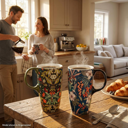 17 oz Ceramic Travel Mug with Lid and Handle, Floral | Tall Tea Cup, Microwave & Dishwasher Safe Coffee Cup, Gift Box Included