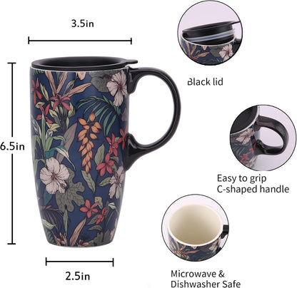 17 oz Ceramic Travel Mug with Lid and Handle, Floral | Tall Tea Cup, Microwave & Dishwasher Safe Coffee Cup, Gift Box Included