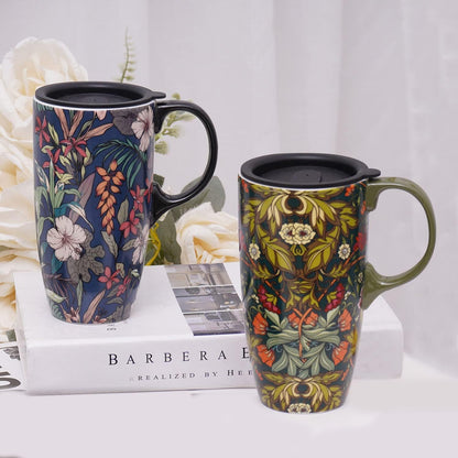 17 oz Ceramic Travel Mug with Lid and Handle, Floral | Tall Tea Cup, Microwave & Dishwasher Safe Coffee Cup, Gift Box Included