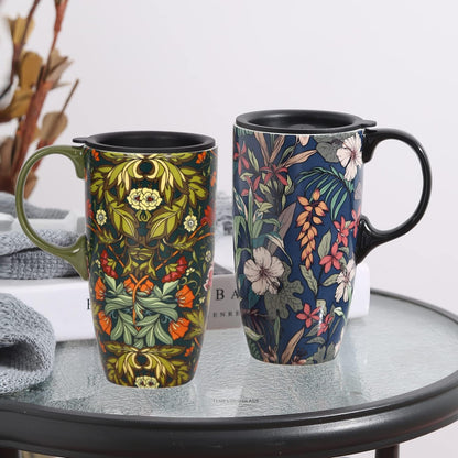 17 oz Ceramic Travel Mug with Lid and Handle, Floral | Tall Tea Cup, Microwave & Dishwasher Safe Coffee Cup, Gift Box Included