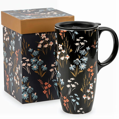 17 oz Ceramic Travel Mug with Lid and Handle, Floral | Tall Tea Cup, Microwave & Dishwasher Safe Coffee Cup, Gift Box Included