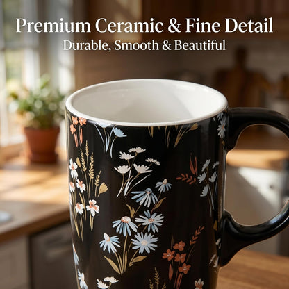 17 oz Ceramic Travel Mug with Lid and Handle, Floral | Tall Tea Cup, Microwave & Dishwasher Safe Coffee Cup, Gift Box Included