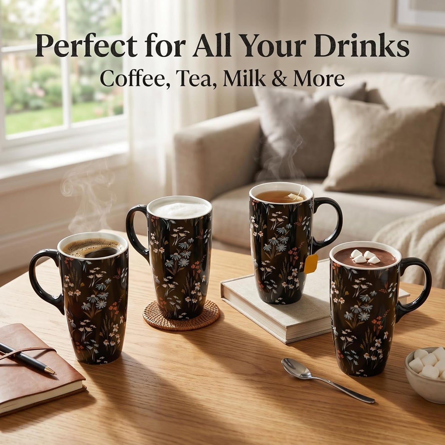 17 oz Ceramic Travel Mug with Lid and Handle, Floral | Tall Tea Cup, Microwave & Dishwasher Safe Coffee Cup, Gift Box Included