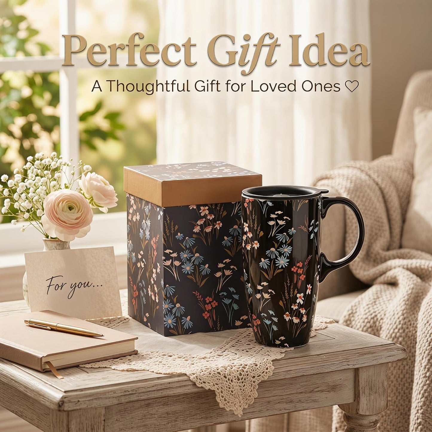17 oz Ceramic Travel Mug with Lid and Handle, Floral | Tall Tea Cup, Microwave & Dishwasher Safe Coffee Cup, Gift Box Included
